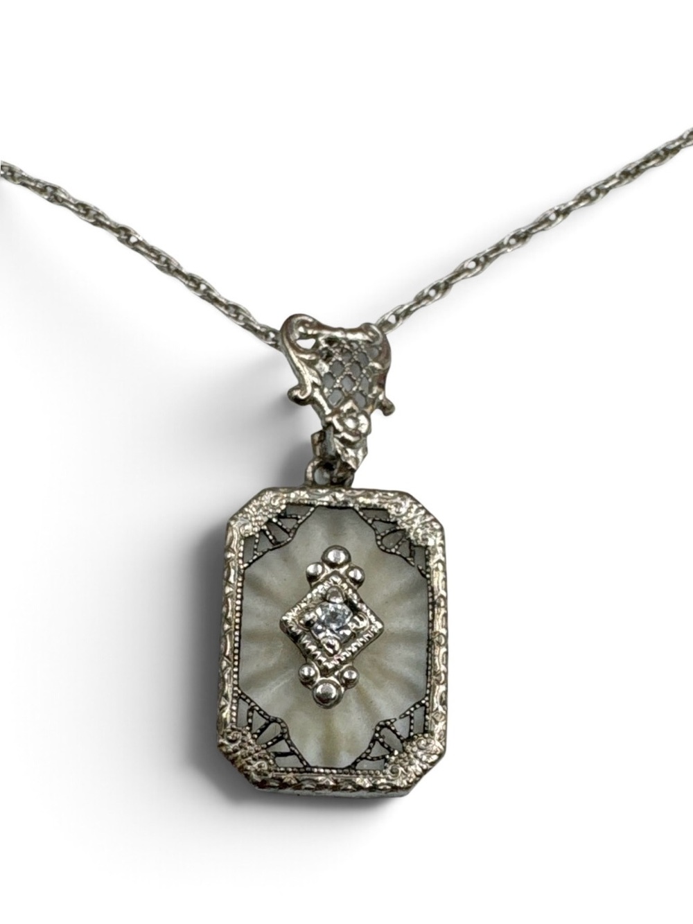 Antique Art Deco Sterling Silver Iolite Camphor Glass Necklace 18”